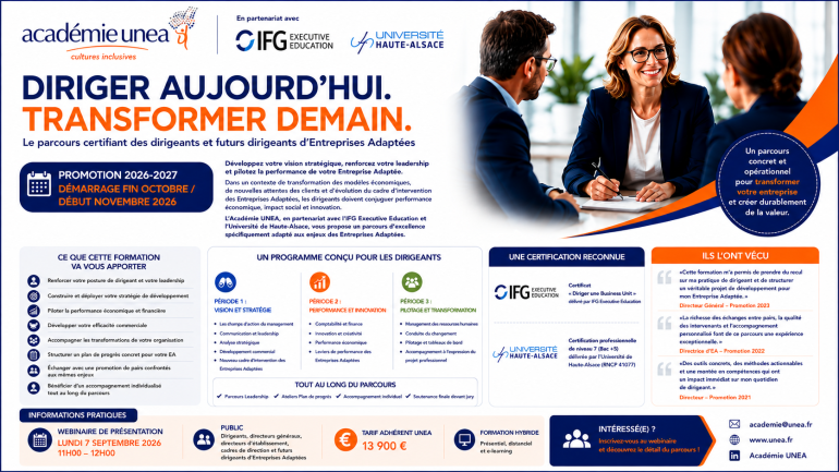 Flyer Formation des dirigeants d'Entreprise Adaptée par l'Académie UNEA