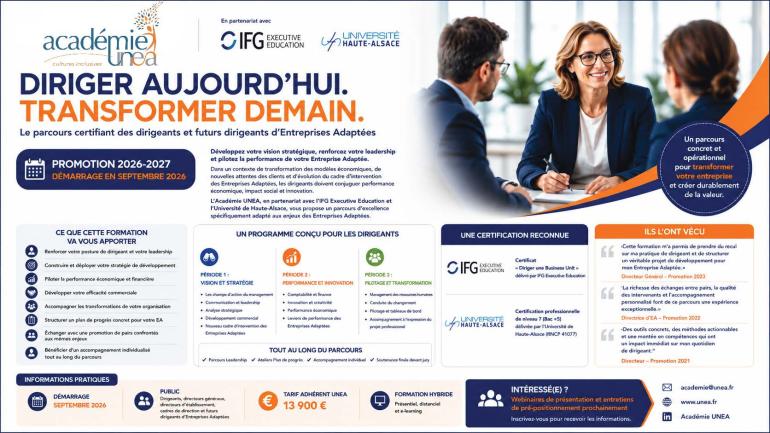 Flyer Formation des dirigeants d'Entreprise Adaptée par l'Académie UNEA
